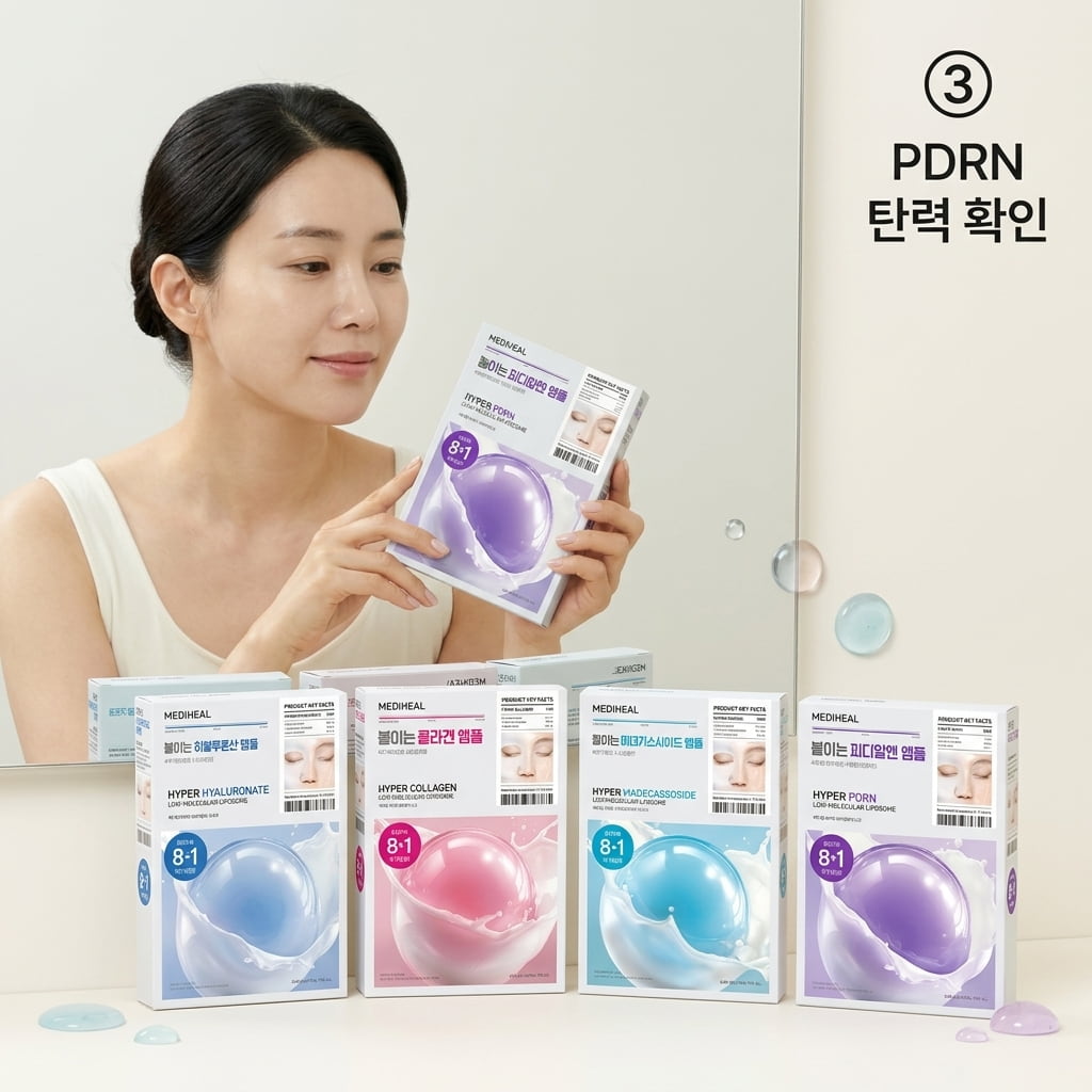 민감 피부 마스크팩 테스트 기준에 따라 한 손으로 파우치의 에센스를 덜어 다른 쪽 팔 안쪽에 소량 바르며 붉음이나 가려움 반응을 확인하는 모습.