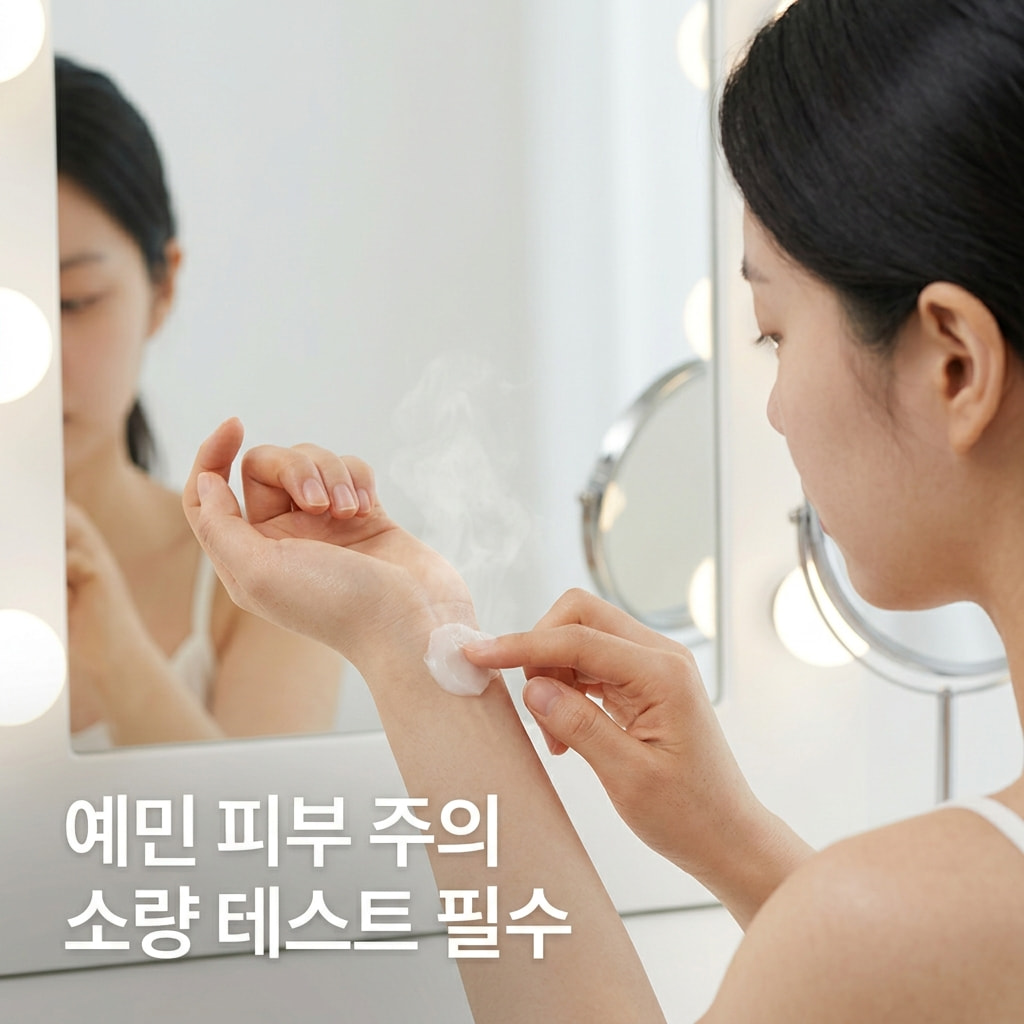예민한 피부 팩 사용 전 주의사항에 따라 두 손으로 팩 용기를 들고 턱 아래 국소 부위에 소량을 도포하여 피부 자극 반응을 확인하는 모습.