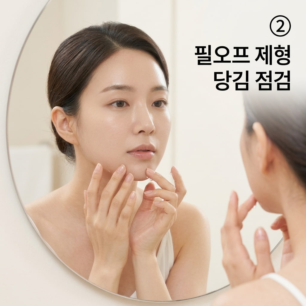필오프 제형 특유의 당김 단점을 확인하며 두 손으로 턱 가장자리부터 건조된 마스크팩을 조심스럽게 떼어내는 모습.