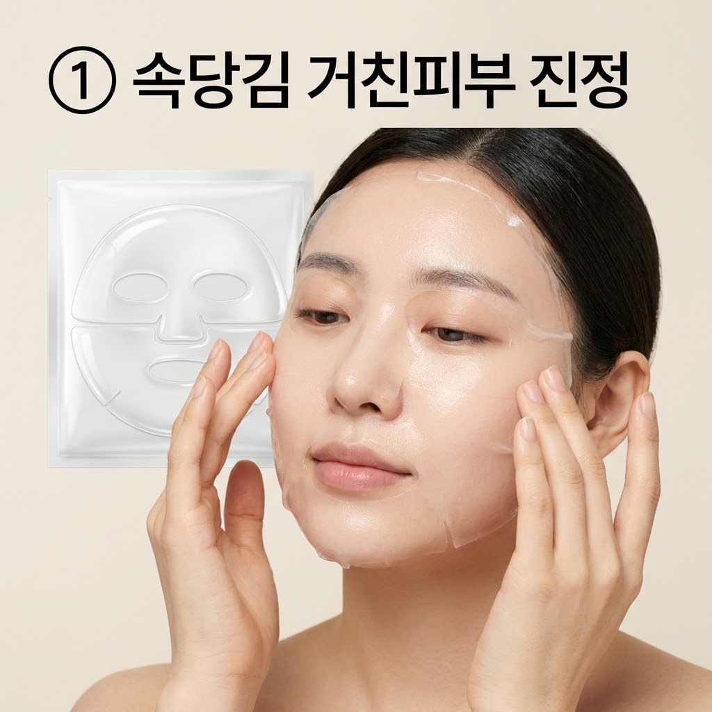 속당김 해소용 상·하 분리형 겔마스크 볼과 입가의 속당김과 거친 피부결 진정을 위해 두 손으로 상·하 분리형 하이드로겔 마스크를 얼굴 굴곡에 맞춰 밀착시키는 모습.