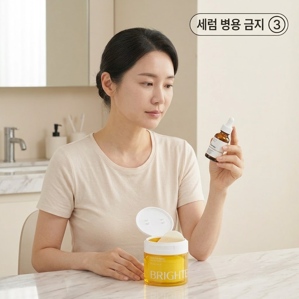 레티놀 세럼과 필링패드 병행 사용 주의를 위해 두 손으로 화장대 위에서 두 제품을 서로 멀리 떨어뜨려 놓으며 사용 시기를 분리하는 모습.