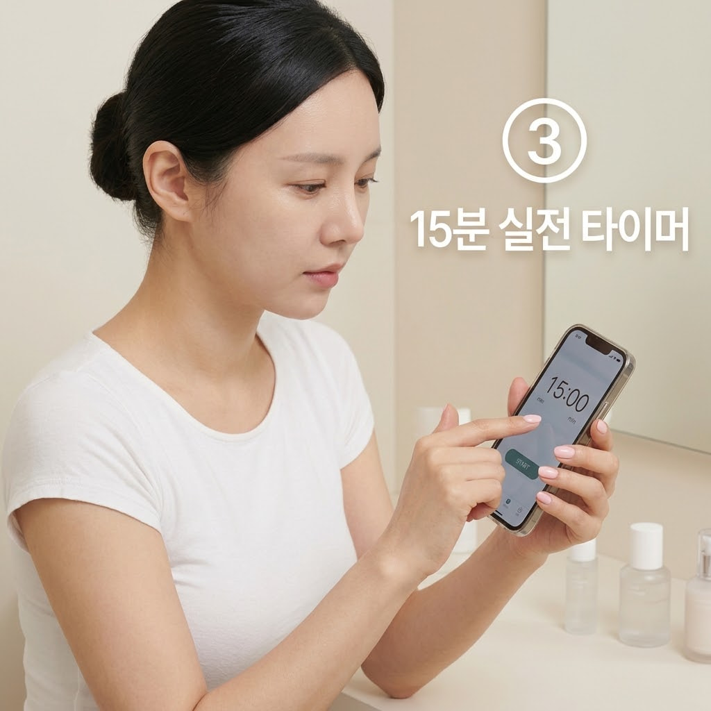 마스크팩 15분 실전 타이머를 맞추기 위해 두 손으로 스마트폰 화면을 조작하며 소파에 앉아 팩 사용 시간을 설정하는 모습.