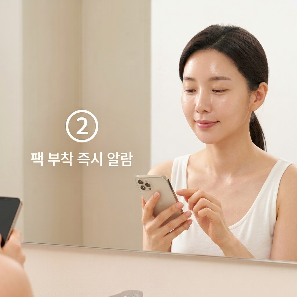 마스크팩 과방치를 막는 알람 설정 습관을 들이기 위해 두 손으로 스마트폰을 쥐고 팩 부착 직후 15분 타이머를 맞추는 모습.