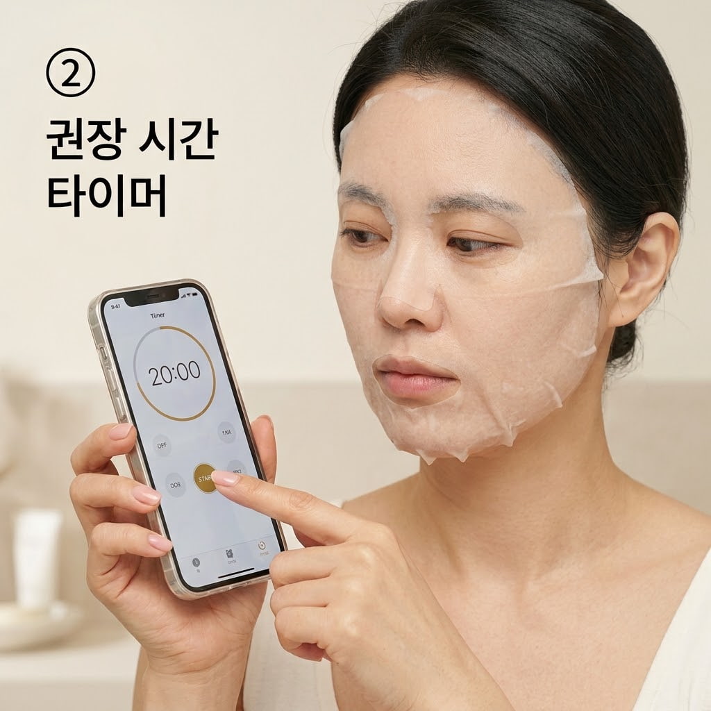 잠든 사이 마스크팩 권장 시간을 넘기지 않도록 두 손으로 스마트폰 타이머를 20분에 맞춰 설정하는 모습.
