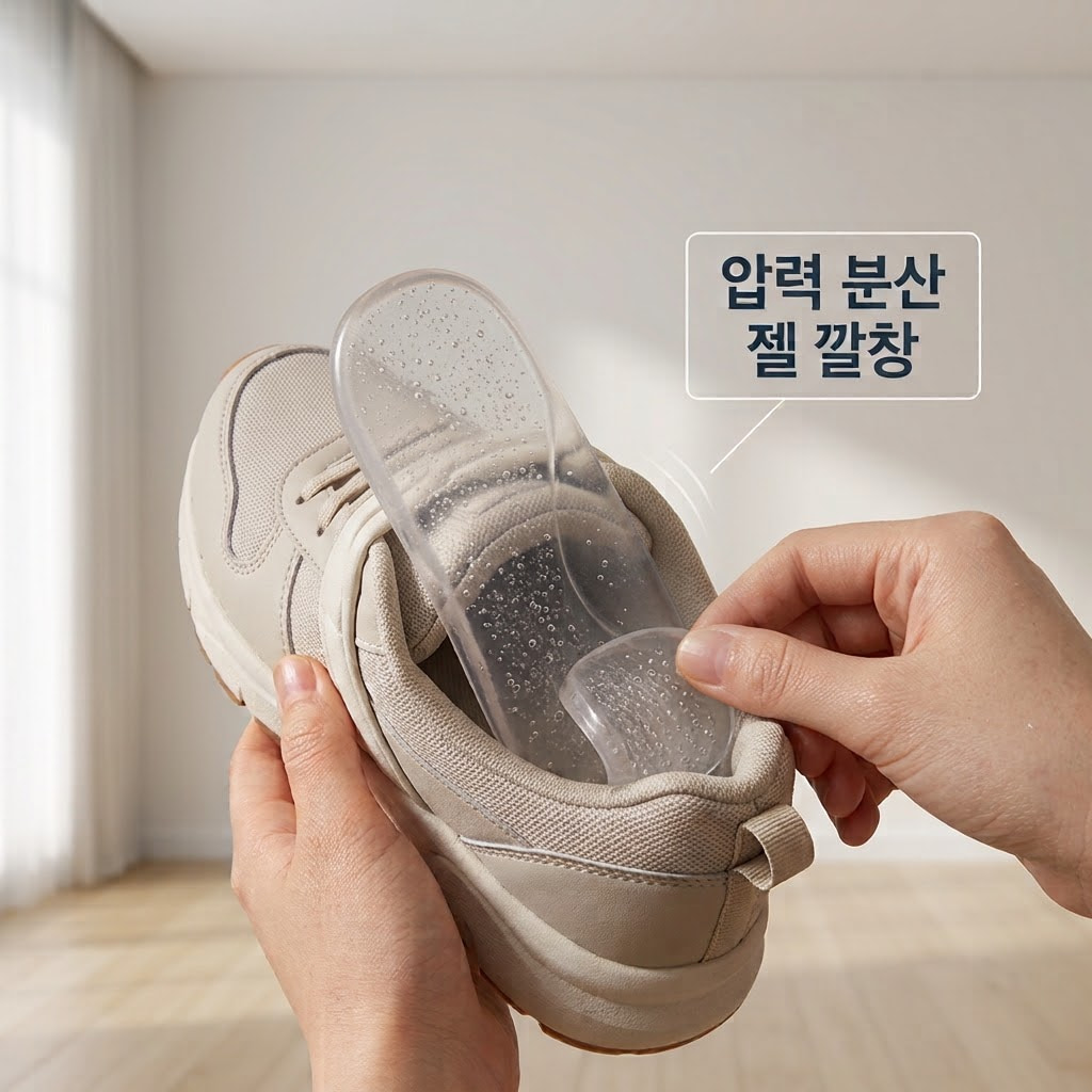 정돈된 거실 소파 테이블 위. "두 개의 사람 손"이 굳은살이 유독 심하게 생기는 발바닥 부위의 압박을 덜어주기 위해, 말랑말랑한 젤 타입의 실리콘 패드를 신발 깔창 안쪽 아치 부분에 세심하게 밀착시켜 붙여주는 액션을 취하고 있습니다. 테이블 위에는 패드를 단단히 고정하기 전 신발 안쪽 먼지를 깨끗하게 닦아낸 소독 솜이 맑은 투명 유리 소재의 "계량컵 없는 믹싱 볼" 안에 깔끔하게 담겨 있어, 걷는 자세까지 교정해주는 기능성 패드 활용의 꼼꼼한 과정을 묘사합니다.
