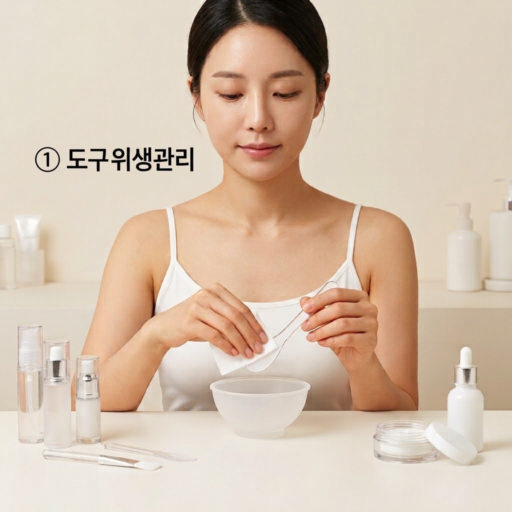 모델링팩 전용 도구 위생 관리 세균 번식과 트러블을 방지하기 위해 두 손으로 전용 실리콘 고무볼과 스파출라를 알코올 스왑으로 깨끗이 닦아내는 모습.