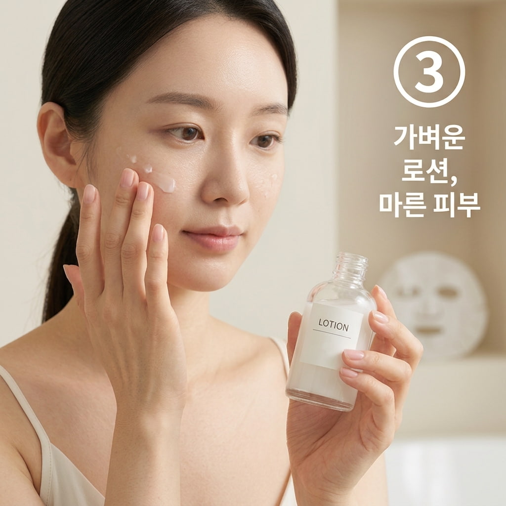 야근 뒤 간편 루틴으로 마스크팩을 생략하고 두 손으로 세안 후 가벼운 로션만 얼굴에 부드럽게 펴 바르는 모습.