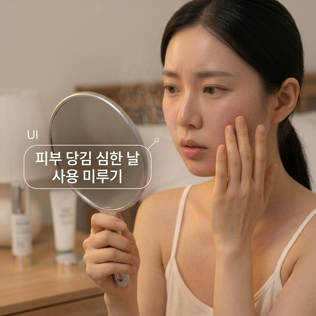 차분하고 정돈된 스킨케어 공간. "두 개의 사람 손"이 피부 당김과 각질이 심한 날 자극을 줄 수 있는 리들샷 제품을 화면 바깥쪽으로 조심스럽게 밀어내고, 장벽 회복을 돕는 순한 기초 제품만을 앞쪽에 세팅하는 액션을 취하고 있습니다. 그 중심에는 휴식이 필요한 피부를 달래줄 진정용 스킨케어 베이스만이 차가운 스테인리스 소재의 "계량컵 없는 믹싱 볼"에 단정하게 놓여 있어, 무리한 사용 대신 피부의 컨디션 회복을 최우선으로 두는 이성적인 판단 상황을 묘사합니다.
