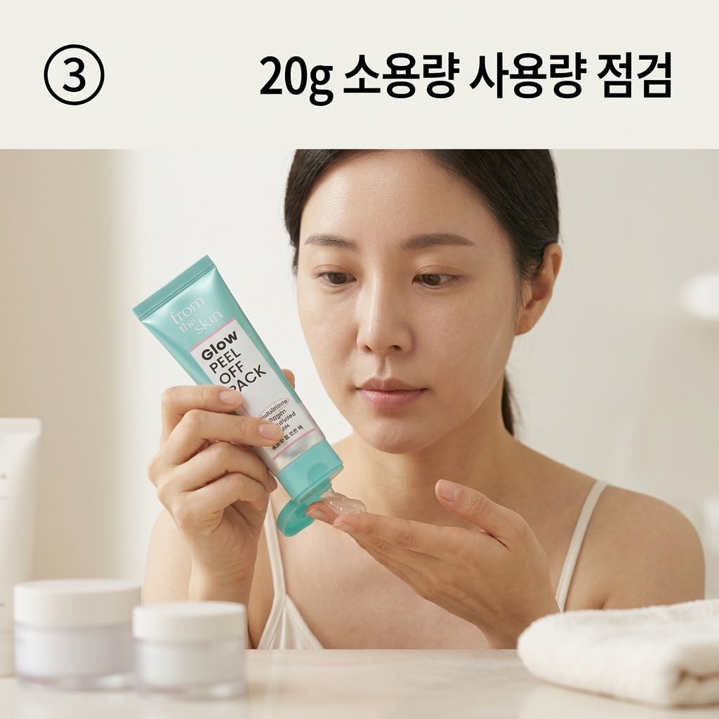 20g 소용량 팩의 실제 사용 횟수를 가늠하기 위해 두 손으로 튜브를 눌러 볼과 이마 등 부분 사용에 필요한 양을 덜어내는 모습.