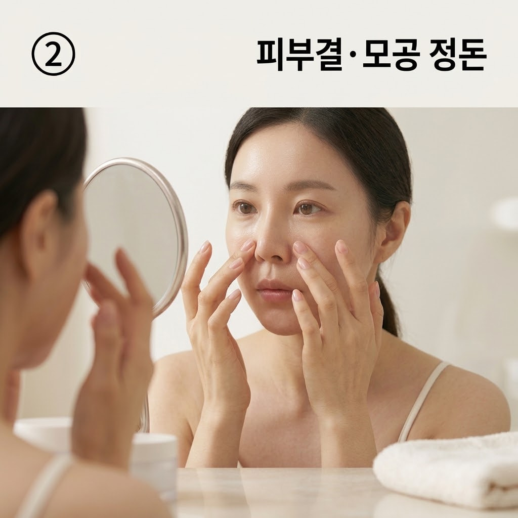 피부결 매끈함과 모공 정돈 변화를 점검하기 위해 두 손의 손끝으로 볼 중앙과 코 옆을 가볍게 만지며 거칠었던 촉감이 줄었는지 섬세하게 확인하는 모습.