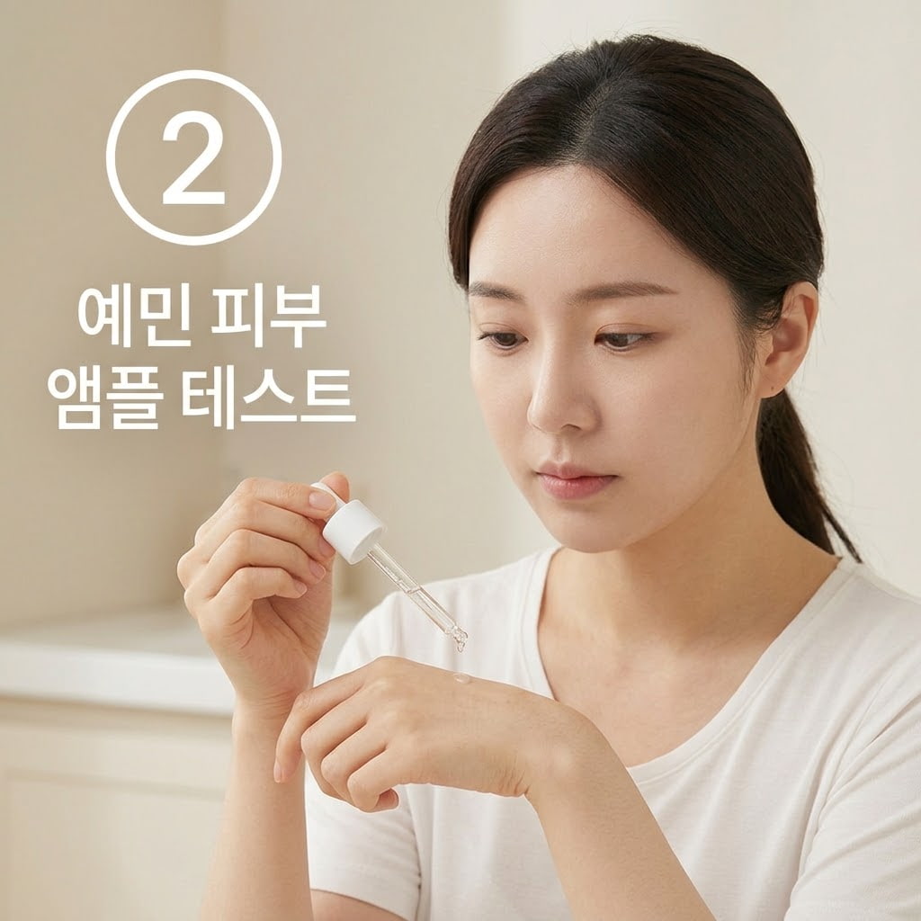 장벽 회복 스킨케어 단계에서 평소 사용하던 진정 앰플을 두 손으로 스포이드를 쥐고 손등에 소량만 떨어뜨려 자극 여부를 확인하는 모습.