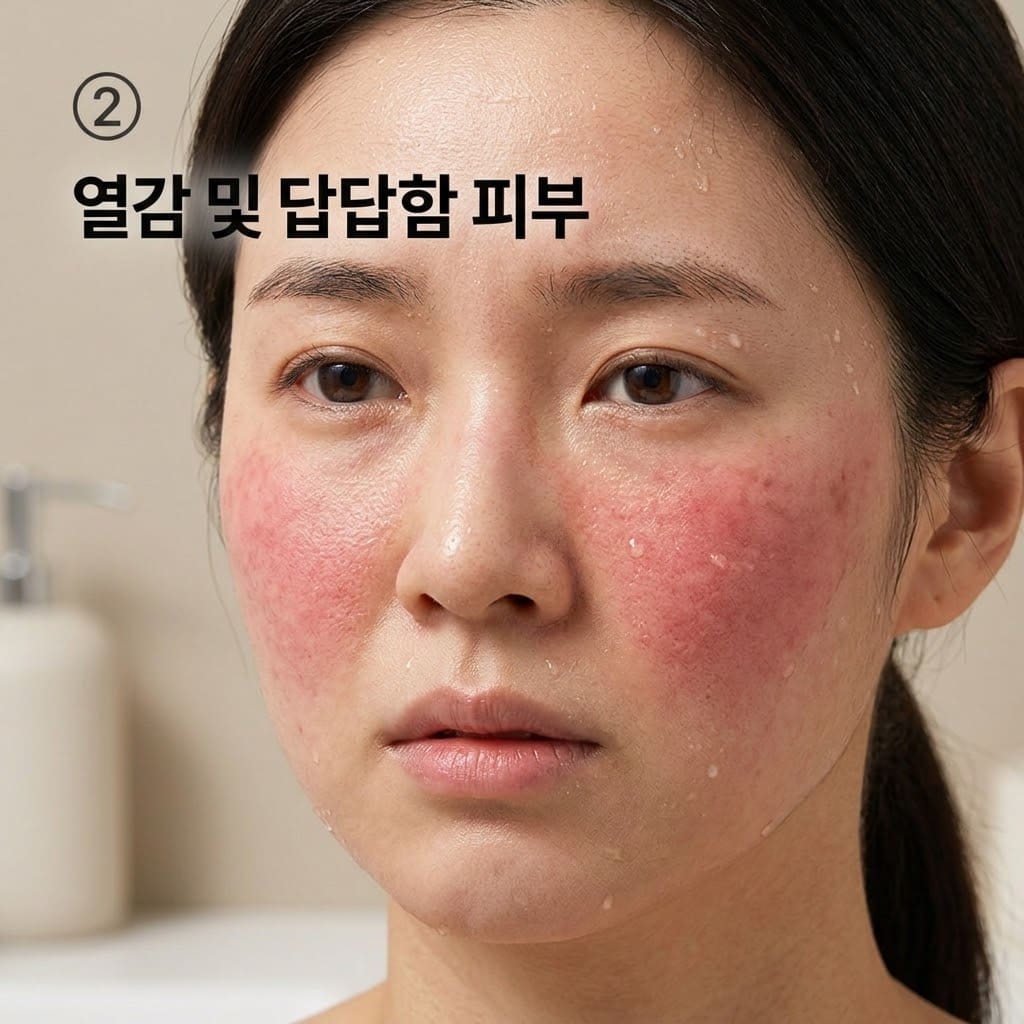 세안 후 달아오른 피부의 열감 진정을 위해 두 손으로 랩잇 포어 젤리 마스크를 붉어진 볼에 부드럽게 펴 바르는 모습.