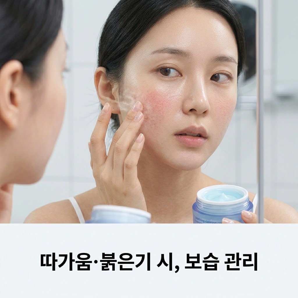 랩핑 마스크팩 자극 대처를 위해 두 손바닥에 넉넉히 덜어낸 수분 크림을 얼굴 전체에 부드럽게 감싸듯 발라 자극받은 피부를 진정시키는 모습.