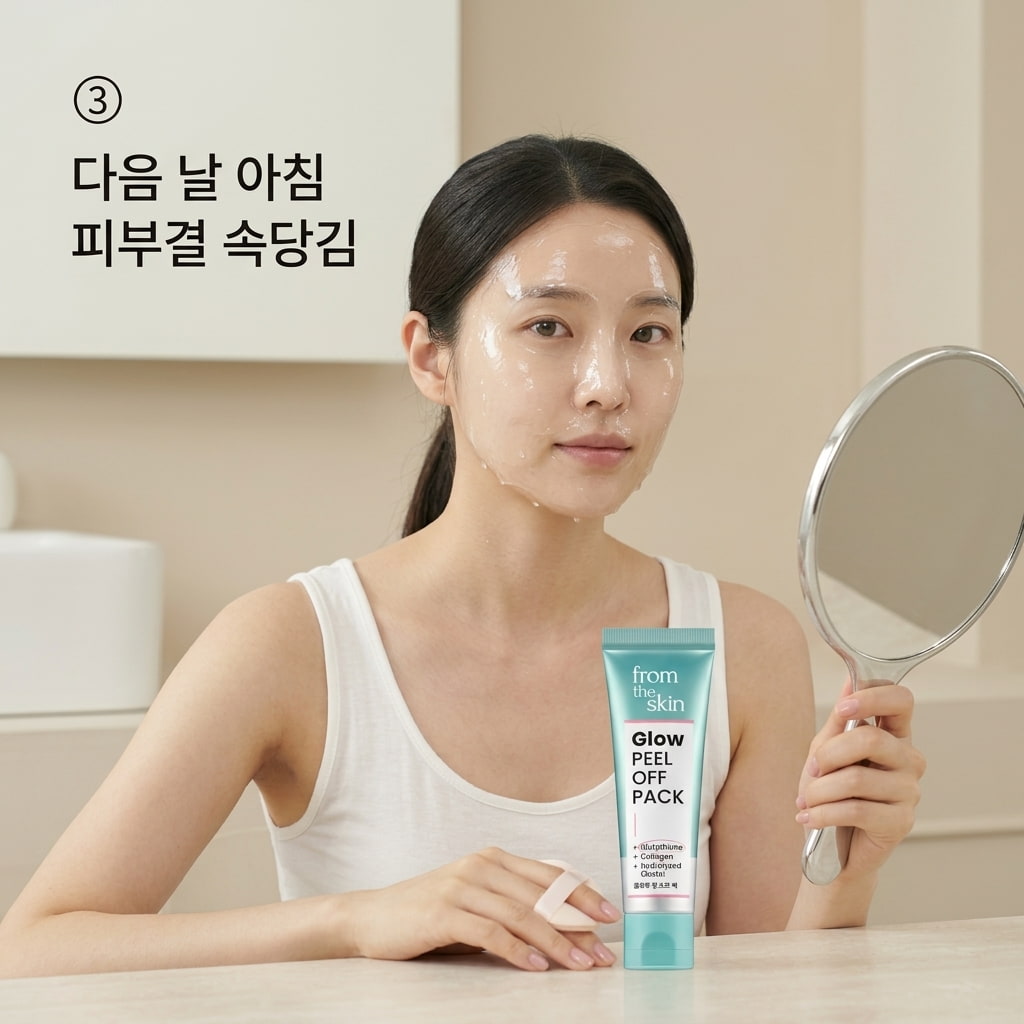 팩 사용 후 붉은기 발생 여부를 확인하고 진정시키기 위해 두 손으로 시원한 토너패드를 꺼내어 자극받은 턱과 볼 위에 조심스럽게 올려두는 모습.