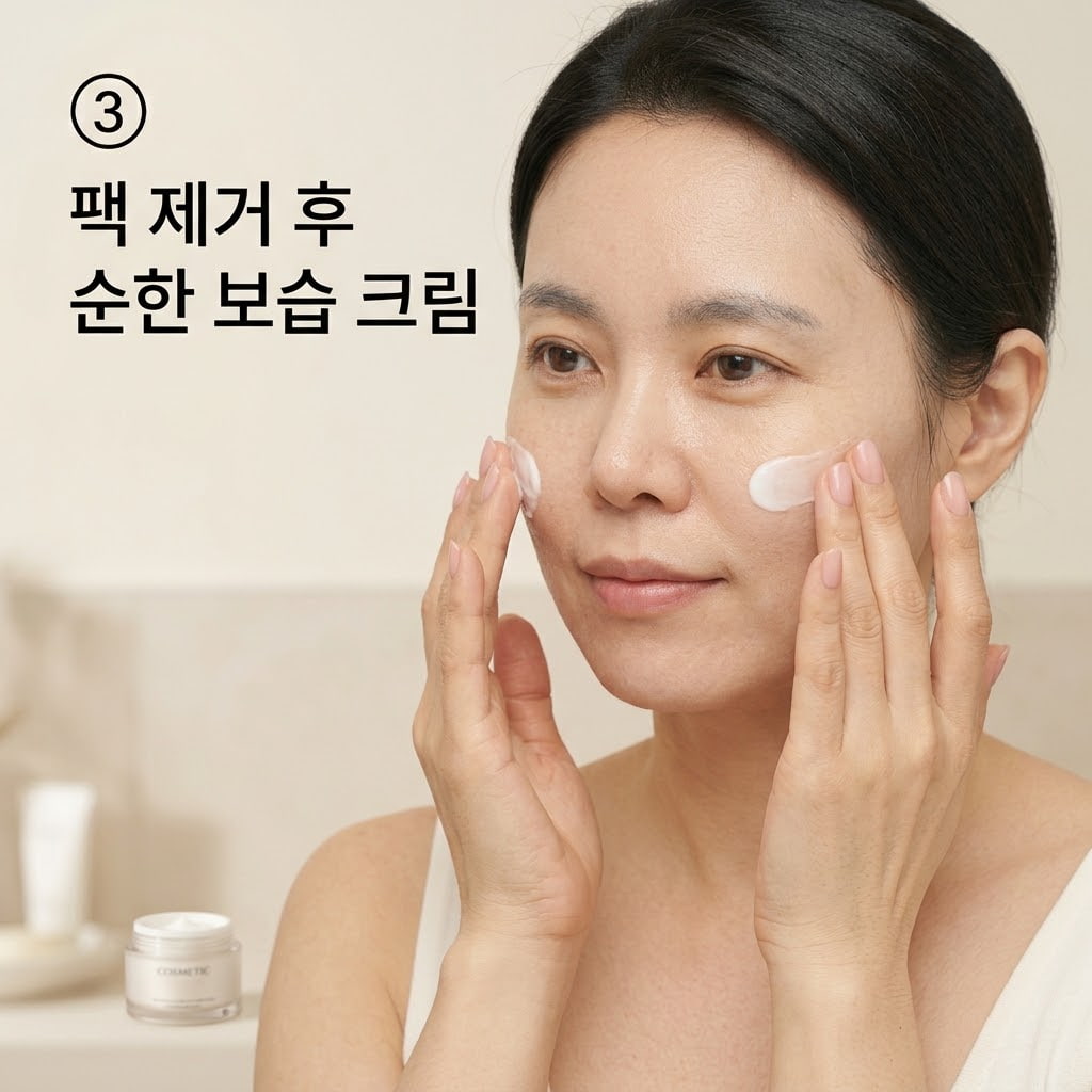 예민한 피부의 장시간 밀폐 부담을 줄이기 위해 팩을 일찍 떼어내고 두 손으로 순한 보습 크림을 덜어내 볼에 부드럽게 바르는 모습.