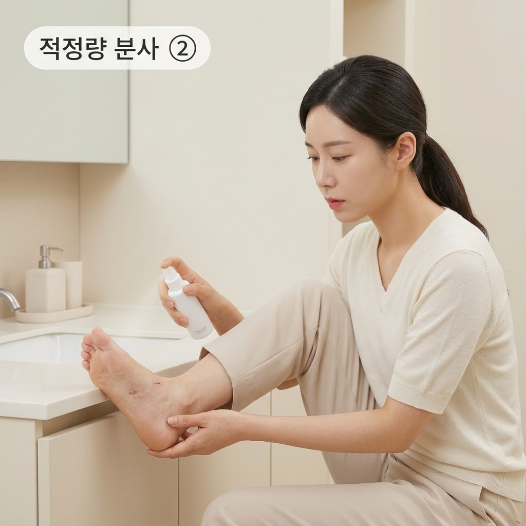 풋스프레이 적정량 고른 분사 풋스프레이 적정량 사용을 위해 두 손으로 스프레이를 발바닥에서 적당히 띄워 고르고 얇게 분사하는 모습.