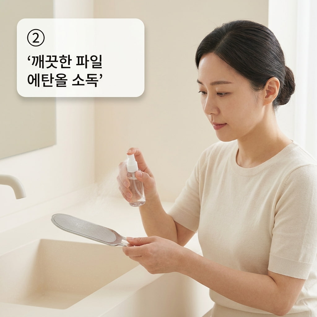 발각질 파일 소독용 에탄올을 올바르게 활용하기 위해 두 손으로 물세척을 마친 깨끗한 스테인리스 파일 표면에 에탄올을 고르게 분사하는 모습.