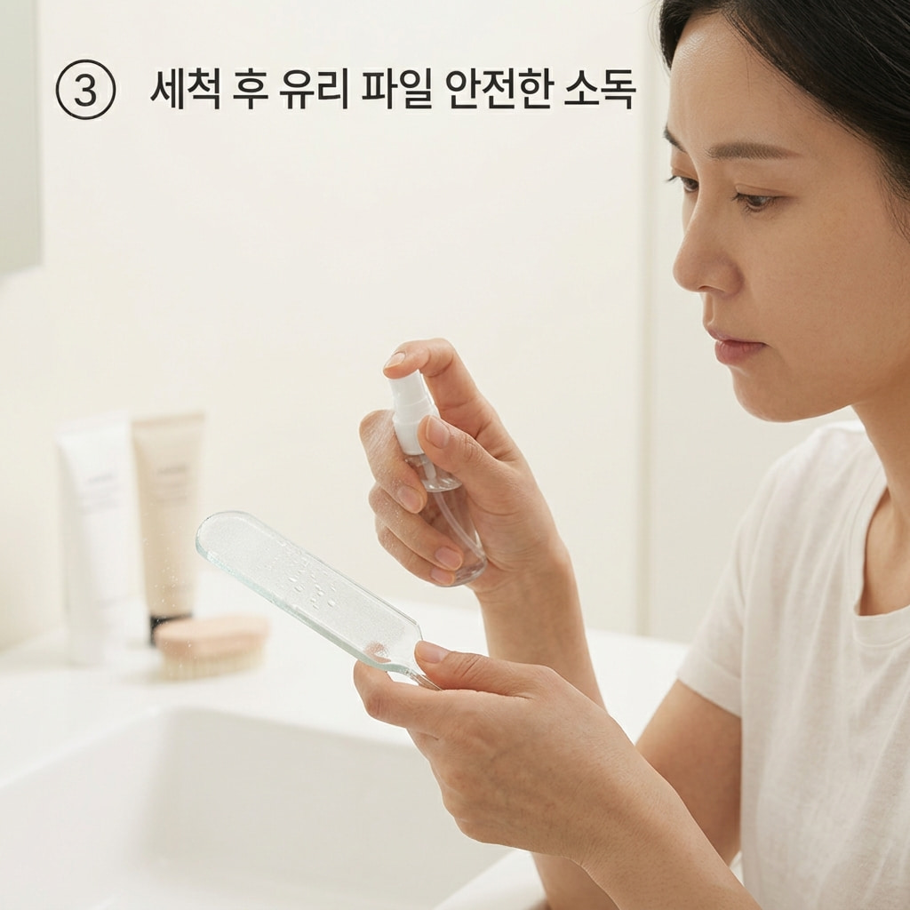 유리 파일 에탄올 소독을 위해 두 손으로 세척이 끝난 매끈한 유리 연마면에만 소독제를 소량 분사하며 위생을 관리하는 모습.
