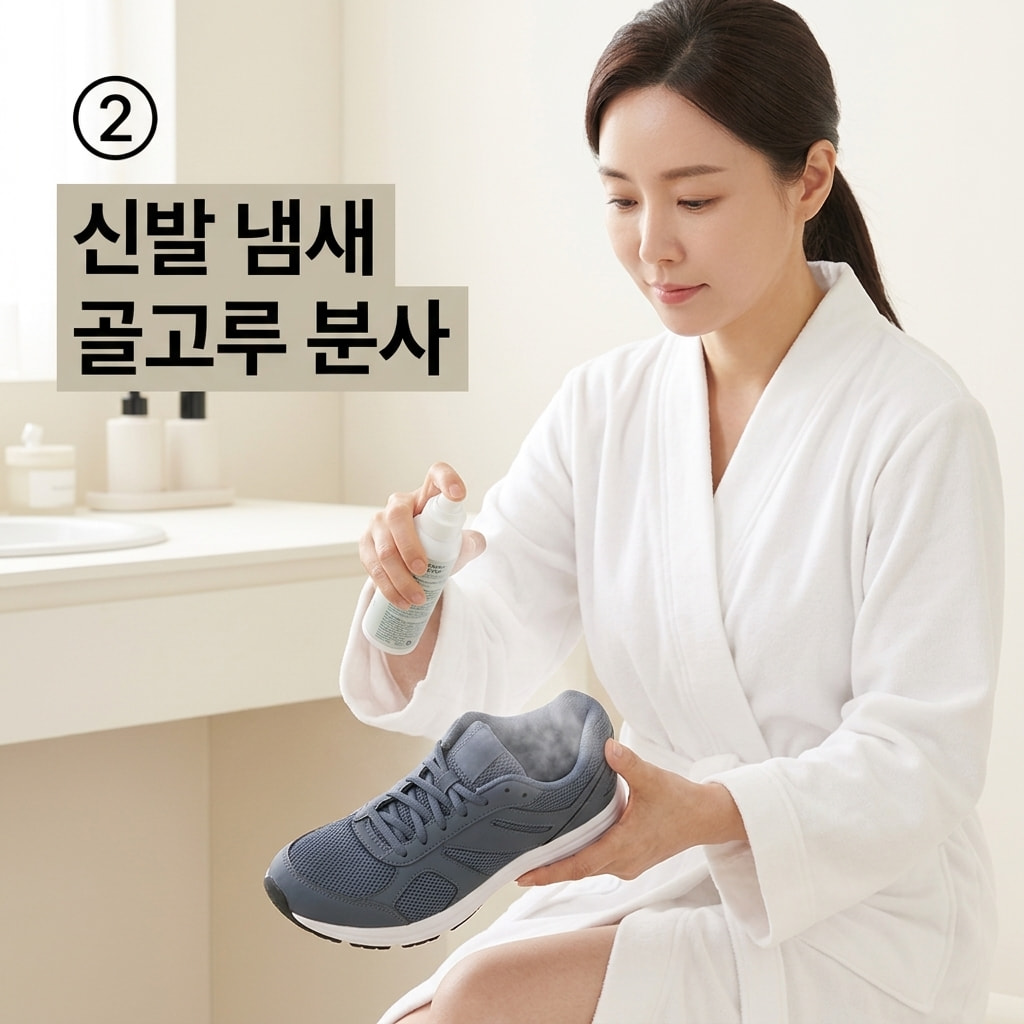 운동화와 신발 냄새 관리를 위해 두 손으로 풋앤슈 겸용 스프레이를 쥐고 신발 안쪽에 골고루 분사하는 모습.