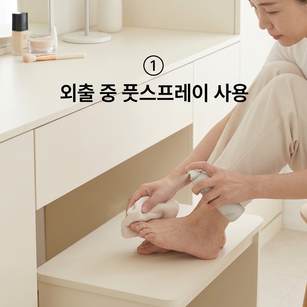 외출 중 발냄새 관리를 위해 두 손으로 수건을 이용해 발의 찝찝한 습기를 완전히 닦아낸 뒤 풋스프레이를 가볍게 분사하는 모습.