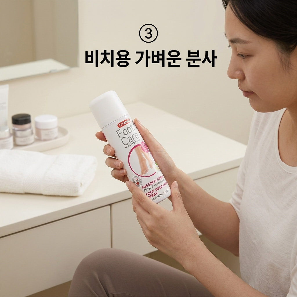 사무실 비치용 풋스프레이 사용을 위해 두 손으로 제품을 들고 환기가 잘 되는 곳에서 양말을 교체하기 전 발바닥에 가볍게 분사하는 모습.