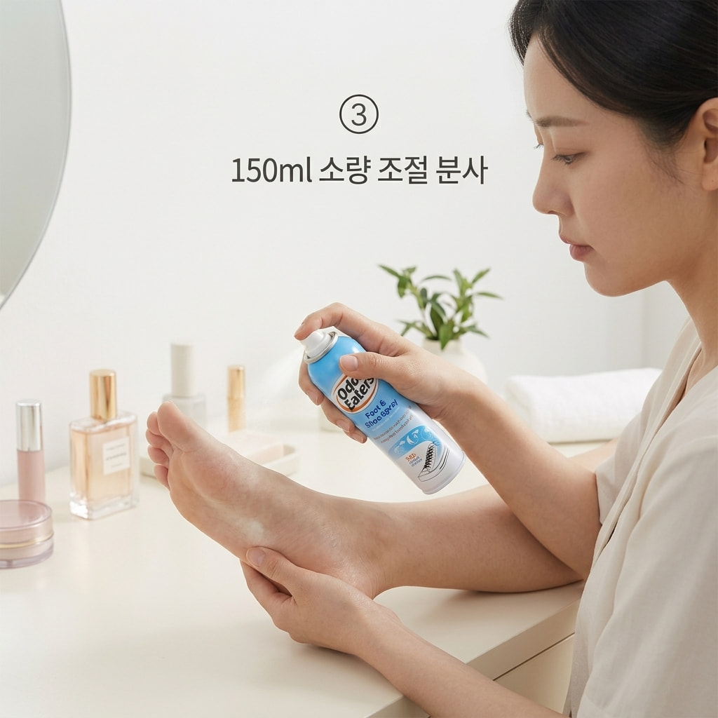150ml 용량의 적절한 사용을 위해 두 손으로 풋스프레이를 쥐고 발바닥 가장 필요한 부위에 소량만 가볍게 분사하며 향과 사용감을 점검하는 모습.