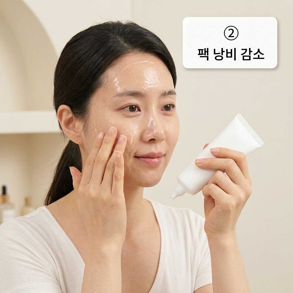 실리콘 팩 브러쉬의 효율적인 도포를 위해 두 손으로 튜브에서 소량의 필오프팩을 덜어내어 이마와 볼에 얇고 균일하게 밀어 펴 바르는 모습.