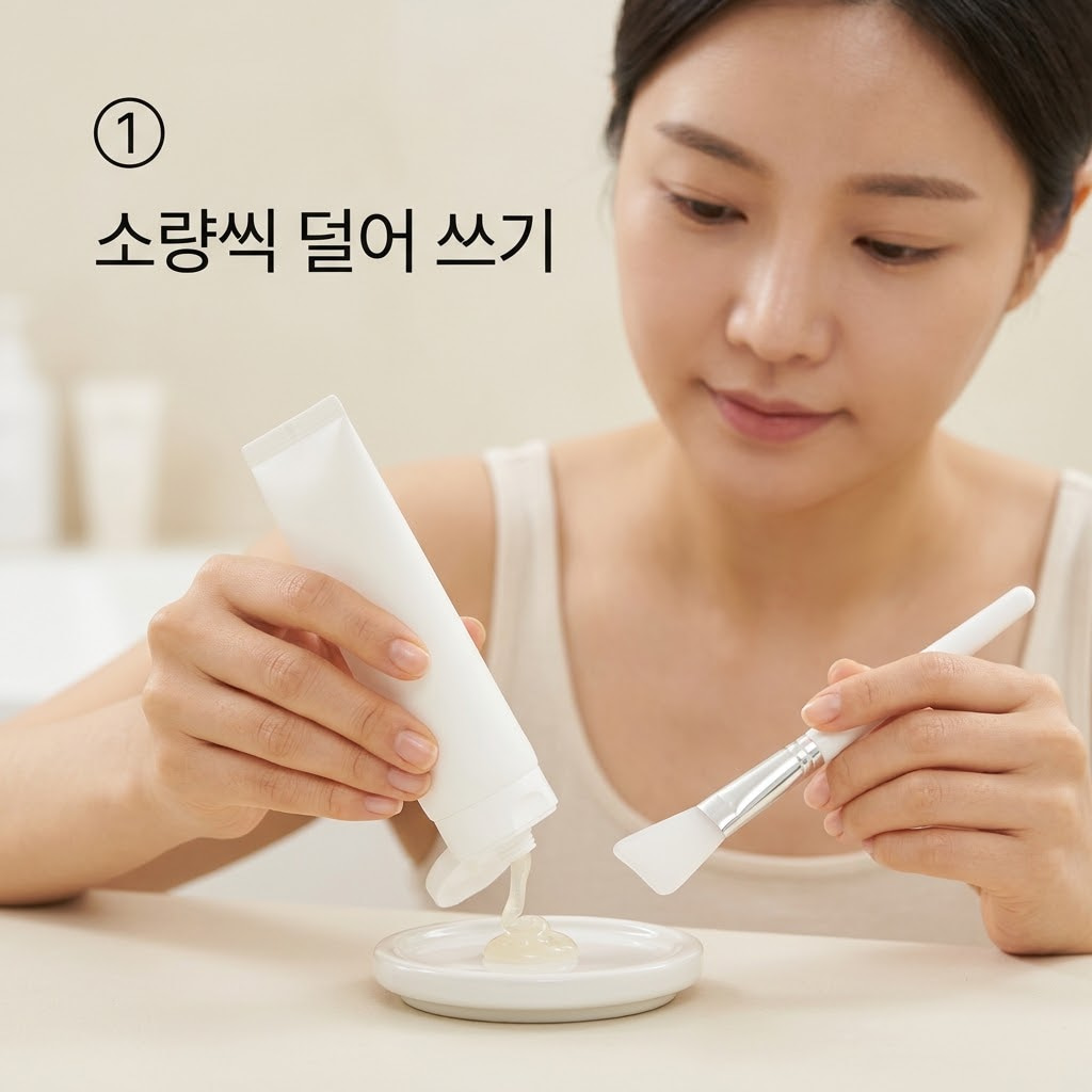 필오프팩 소량 도포를 위해 두 손으로 튜브에서 끈적한 팩 제형을 깨끗한 뚜껑에 조금씩 덜어내며 마른 팩 브러쉬를 준비하는 모습.