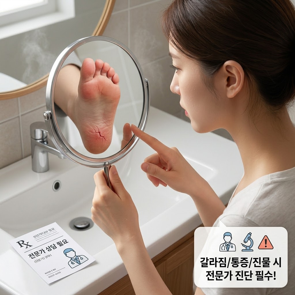 정돈된 화장대 앞. "두 개의 사람 손"이 깊게 갈라지고 붉게 통증이 발생한 뒤꿈치 상태를 심각하게 살피며, 쓰려던 스크래퍼를 내려놓고 피부과에서 처방받은 전문 연고를 조심스럽게 발라주려는 방어적 액션을 취하고 있습니다. 그 곁에는 검증 안 된 식초나 소금물 대신 상처 부위를 순하게 닦아낼 멸균 생리식염수가 맑은 투명 유리 소재의 "계량컵 없는 믹싱 볼" 안에 안전하게 담겨 있어, 무리한 홈케어를 멈추고 전문가의 진단에 따르는 올바른 대처 상황을 보여줍니다.