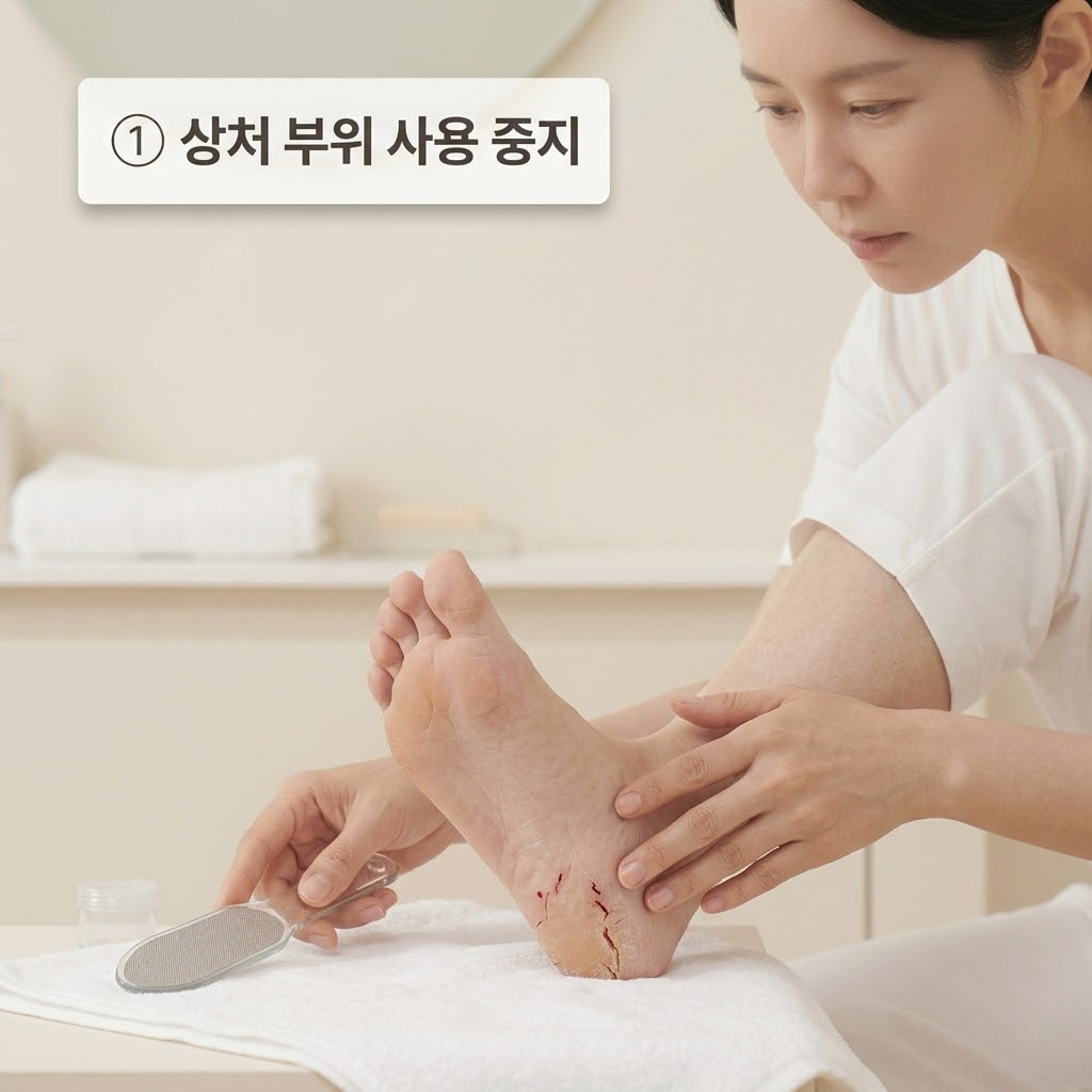 상처 난 발각질 제거 부작용을 막기 위해 두 손으로 피가 맺힌 깊은 갈라짐 부위를 살피며 사용하려던 풋파일을 조심스럽게 내려놓는 모습.