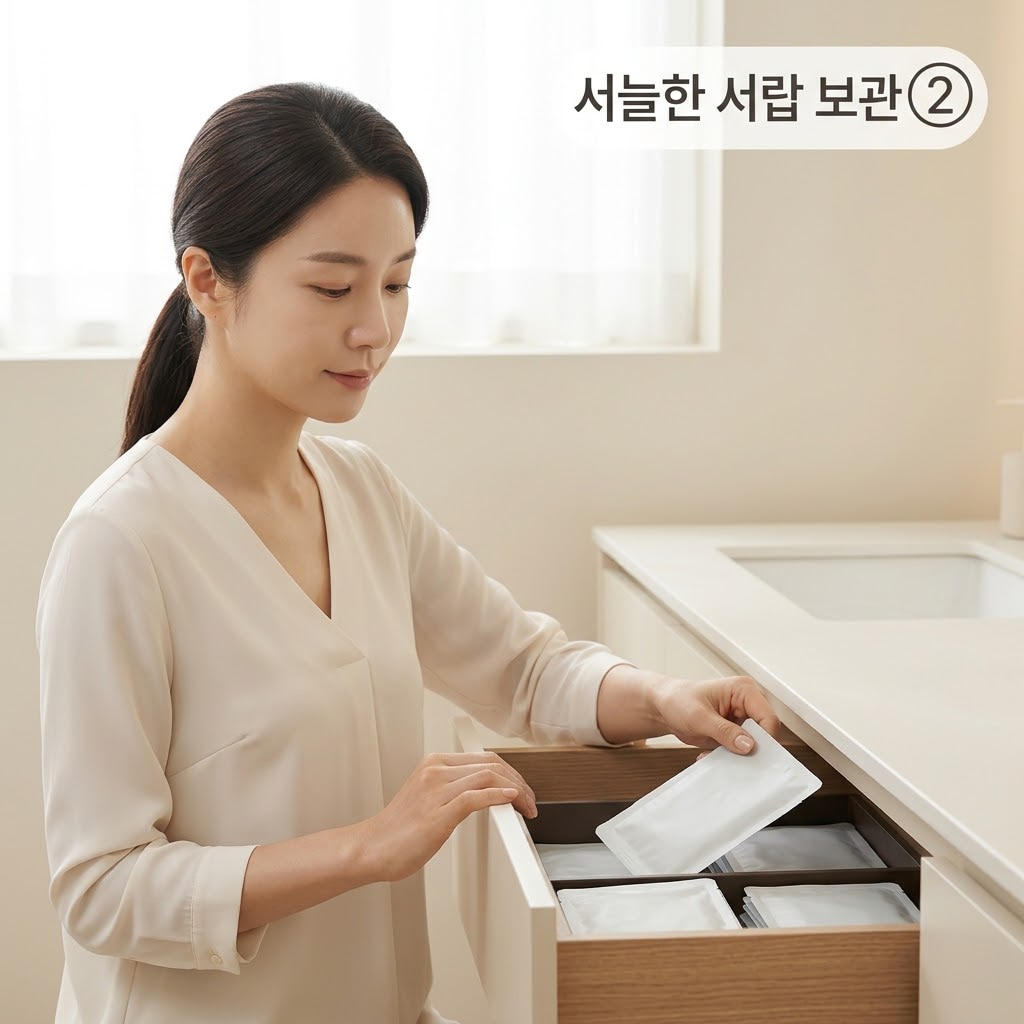 직사광선 피한 마스크팩 서랍 보관 직사광선을 피한 마스크팩 보관 환경을 유지하기 위해 두 손으로 대용량 시트팩 상자를 서늘한 화장대 서랍 안에 넣는 모습.