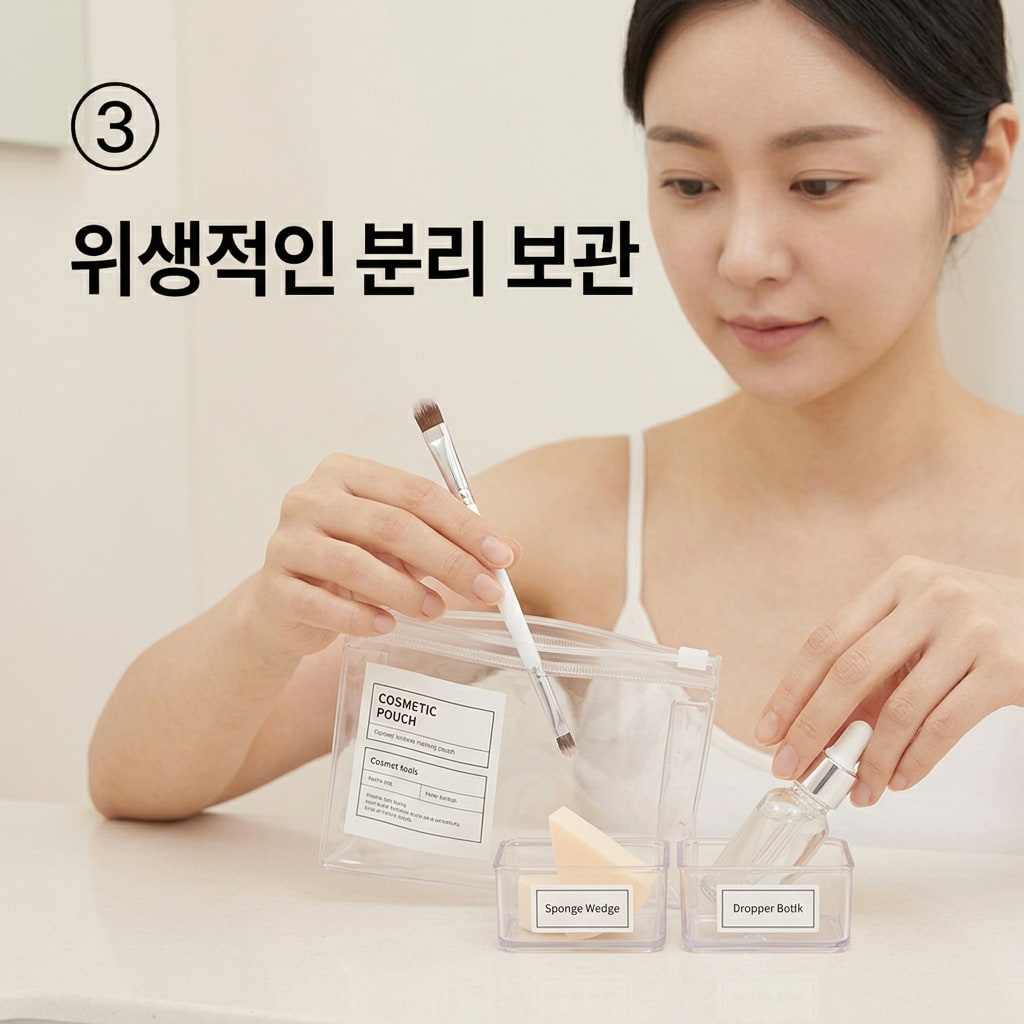 팩 브러쉬 개인 사용 원칙을 지키기 위해 두 손으로 각자의 전용 파우치에 서로 다른 브러쉬를 따로 분리하여 넣는 모습.