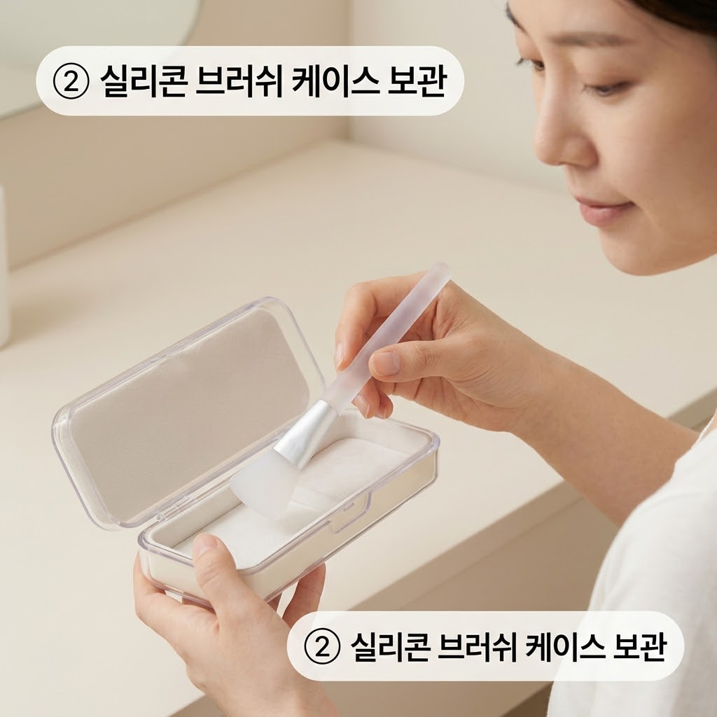 실리콘 팩 브러쉬 위생 보관을 위해 두 손으로 건조가 끝난 브러쉬를 표면 흠집이 나지 않도록 조심스럽게 전용 케이스 안에 넣는 모습.