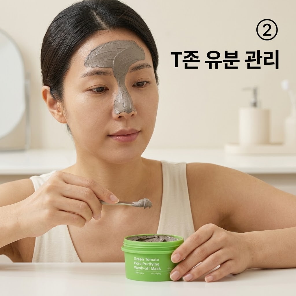 복합성 피부의 유분 관리와 제품 소진 속도를 줄이기 위해 두 손으로 스파출라를 쥐고 T존 부위에만 부분적으로 클레이 팩을 바르는 모습.