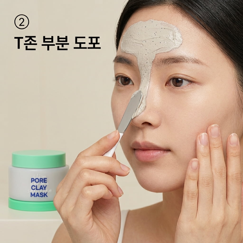 복합성 피부의 유분 관리와 볼 당김 예방을 위해 두 손으로 랩잇 포어 클레이 마스크를 코, 이마, 턱 등 T존에만 부분적으로 바르는 모습.
