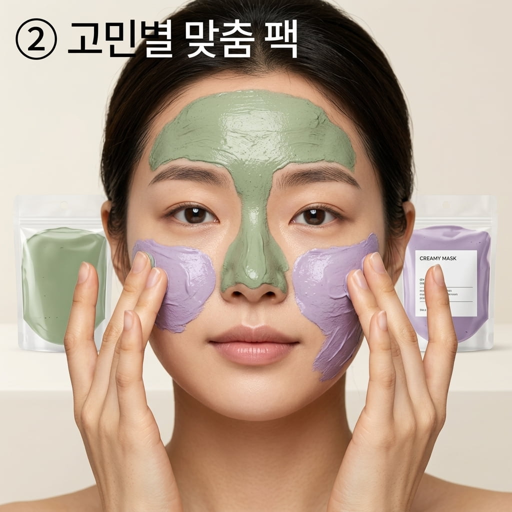 피부 열감 진정과 촉촉한 마무리를 위해 두 손으로 랩잇 포어 젤리 마스크를 볼에 펴 바르며 쿨링 제형을 확인하는 모습.