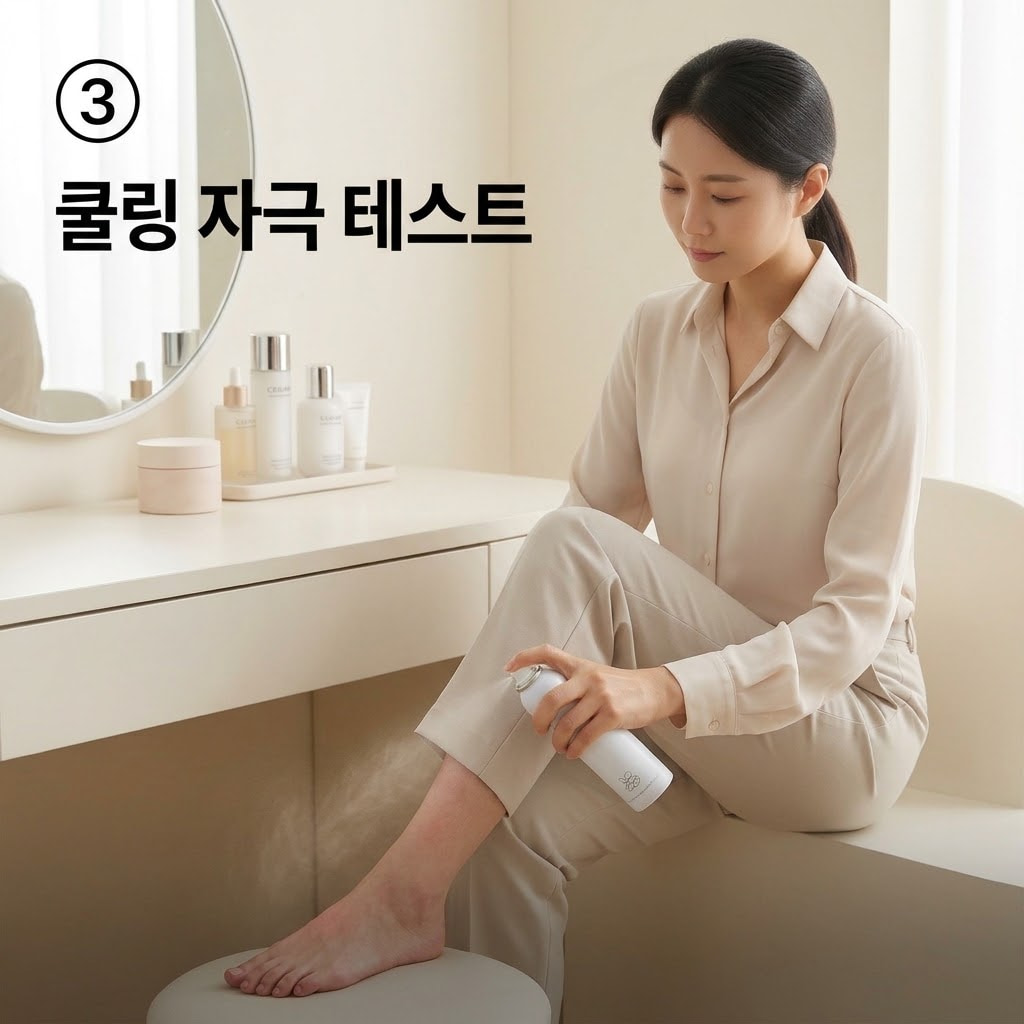 여름철 발땀 열감을 진정시키기 위해 두 손으로 쿨링 풋스프레이를 쥐고 열이 오른 발등과 발바닥에 소량만 가볍게 뿌리며 자극을 확인하는 모습.