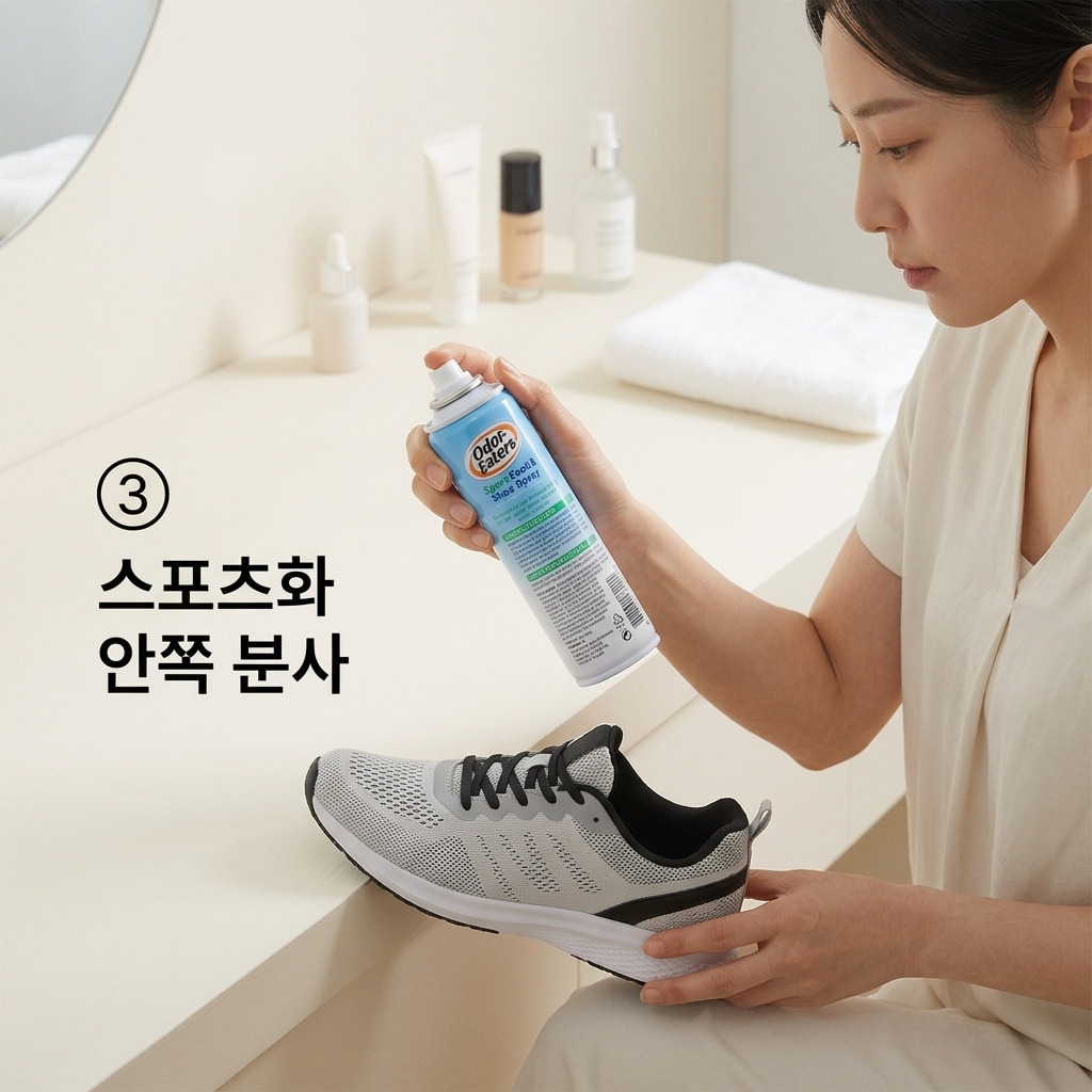 스포츠화 냄새 관리를 위해 두 손으로 스포츠형 스프레이를 쥐고 땀이 많이 찬 운동화 안쪽에 조심스럽게 분사하여 테스트하는 모습.