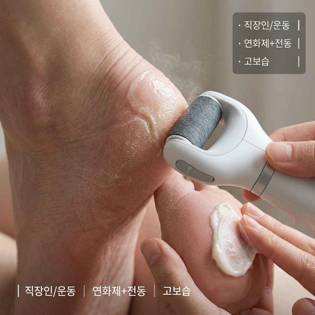 쾌적한 욕실 벤치 위. "두 개의 사람 손"이 연화제로 부드럽게 녹인 뒤꿈치의 두꺼운 굳은살에 전동 발각질 제거기를 대고 중간 거칠기의 롤러로 고르게 갈아내는 속 시원한 액션을 취하고 있습니다. 벤치 한쪽에는 딱딱한 발을 미리 불리기 위해 사용한 묽은 각질 연화제가 차가운 스테인리스 소재의 "계량컵 없는 믹싱 볼" 안에 찰랑거리며 담겨 있어, 운동러와 직장인을 위한 체계적이고 확실한 3단계 케어 상황을 직관적으로 보여줍니다.