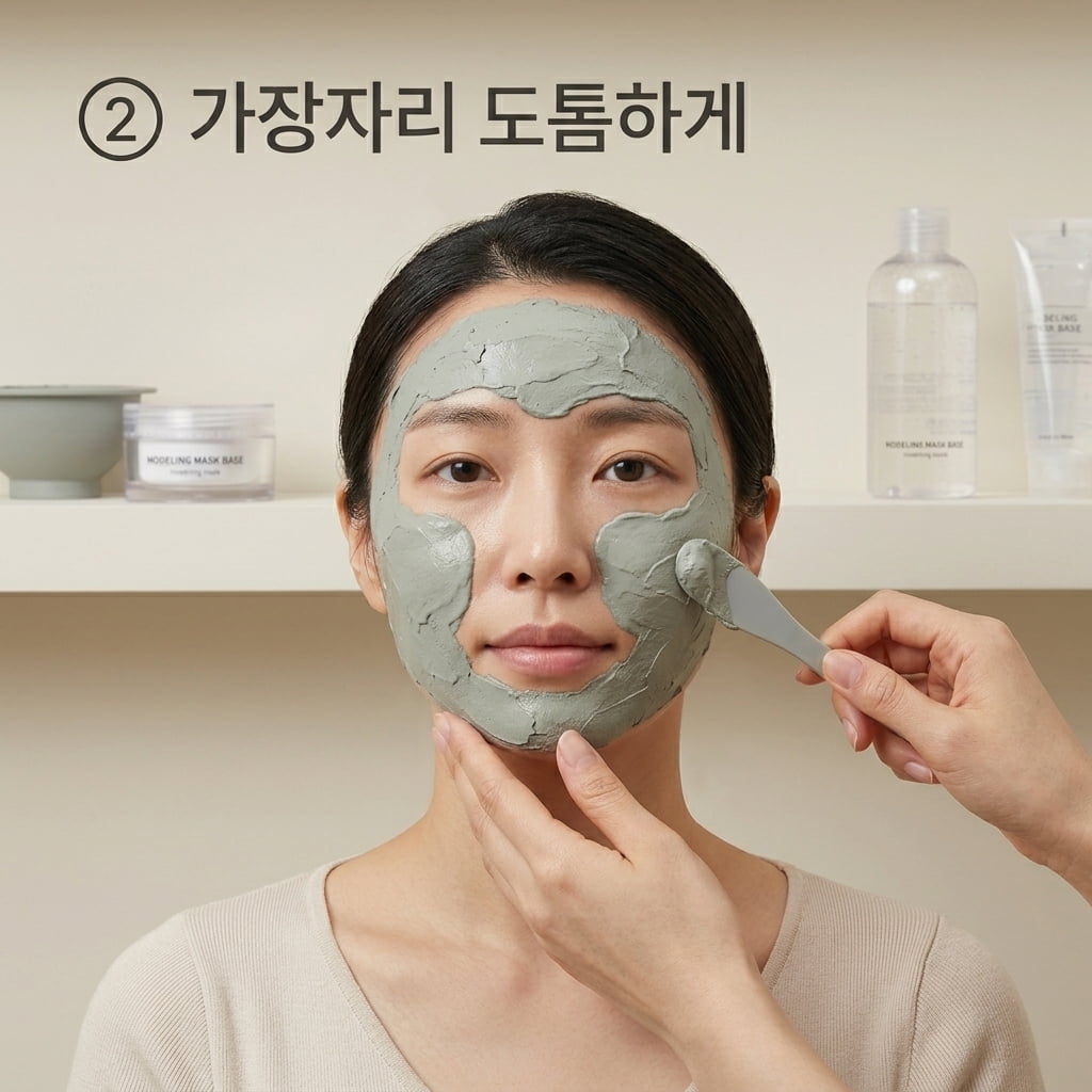 자극을 막는 모델링팩 가장자리 도포법 모델링팩 제거 시 피부 붉은기와 자극을 막기 위해 두 손으로 스파출라를 쥐고 얼굴 외곽 가장자리 테두리를 도톰하게 단을 쌓듯 펴 바르는 모습.