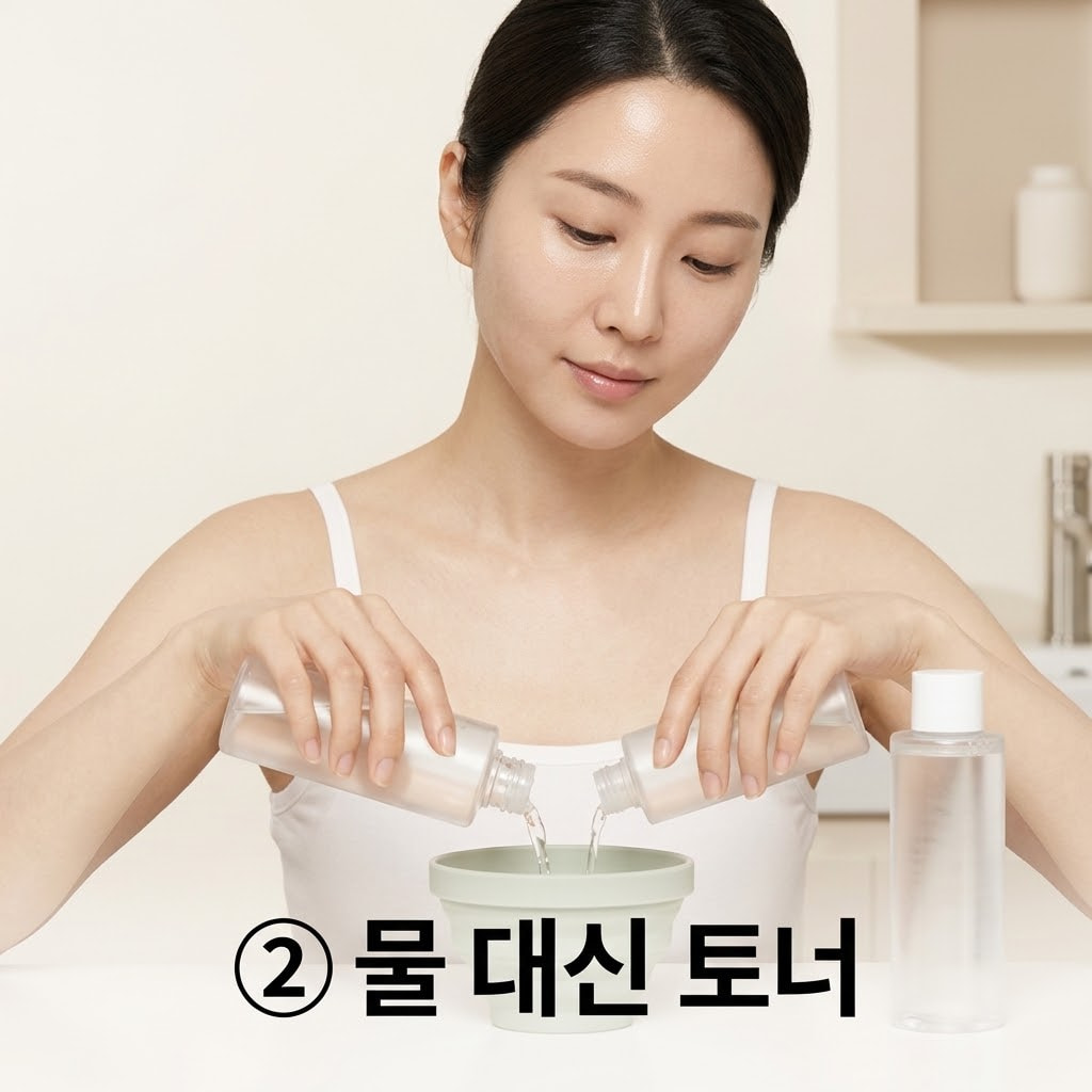 물 대신 진정 토너로 팩 반죽하기 피부 진정 시너지 효과를 높이기 위해 두 손으로 정제수 대신 어성초 토너와 토너 패드 에센스를 모델링팩 반죽 볼에 섞는 모습.