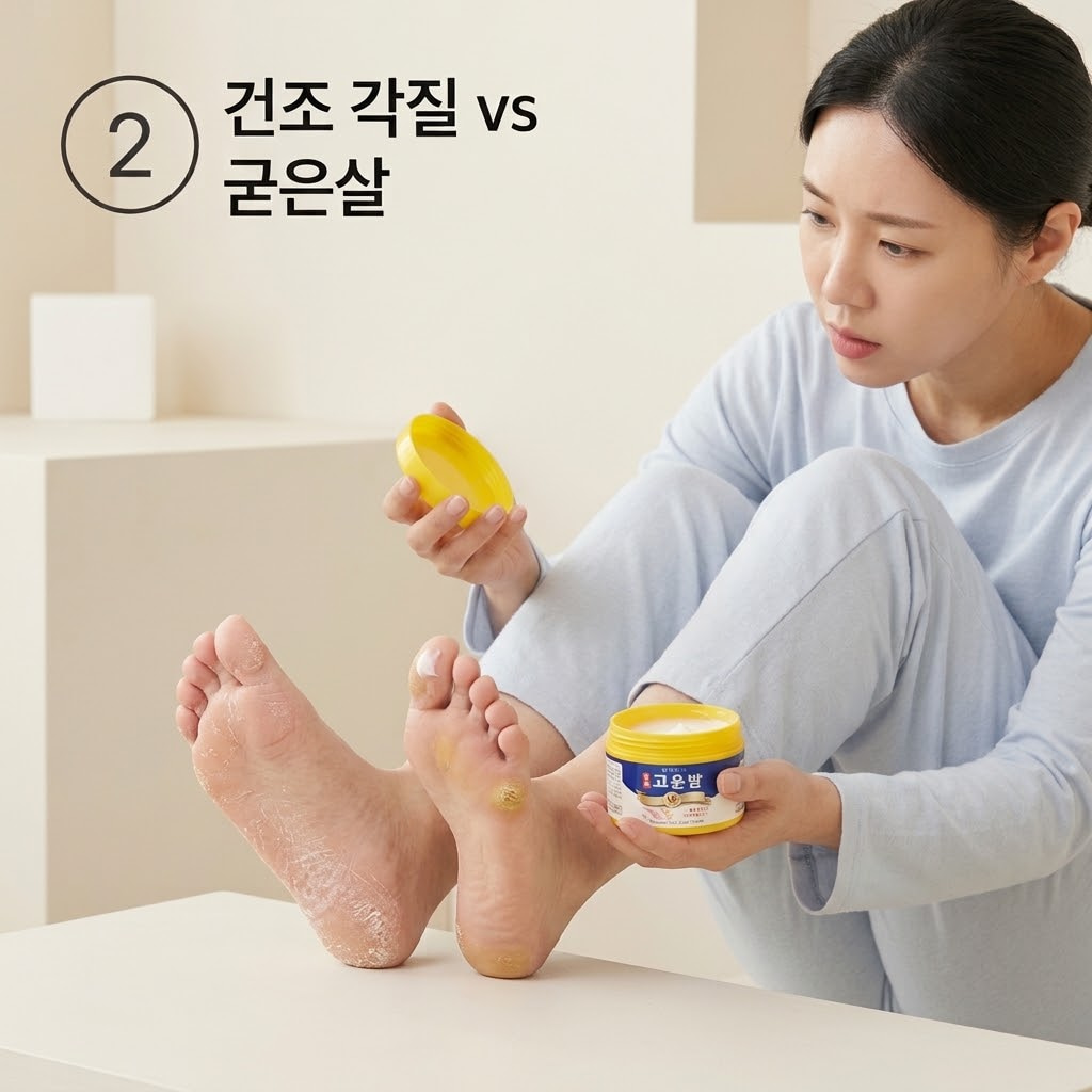 굳은살과 건조 각질을 구분하기 위해 두 손으로 발뒤꿈치의 노랗고 단단해진 특정 부위를 가볍게 만져보며 피부 결을 점검하는 모습.