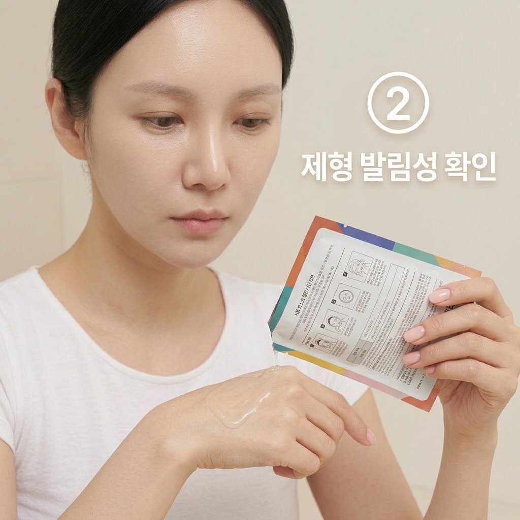 시트 골든타임 제거를 위해 두 손의 손끝으로 턱선 가장자리에 밀착된 마스크팩의 촉촉함을 가볍게 만지며 점검하는 모습.