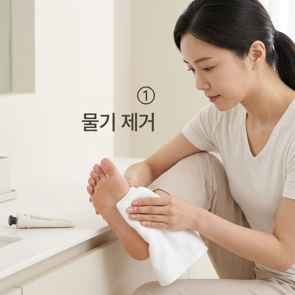 풋크림 사용 전 물기 제거를 돕기 위해 두 손으로 깨끗한 수건을 쥐고 발바닥과 발가락 사이의 남은 물기를 꼼꼼히 닦아내는 모습.