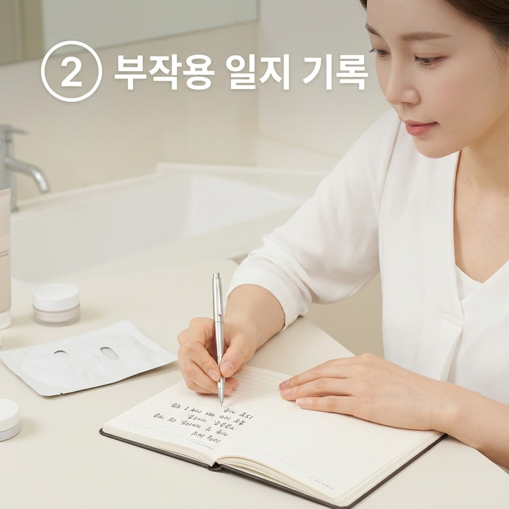 마스크팩 부작용 원인 파악을 위해 두 손으로 펜을 쥐고 다이어리에 시트팩 사용 시간과 붉음증 등의 피부 반응을 꼼꼼히 기록하는 모습.