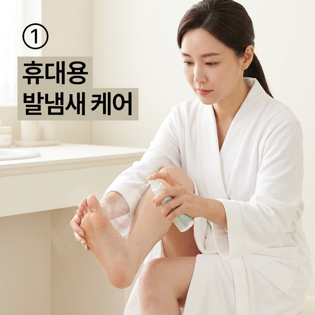 외출 중 발냄새 관리를 위해 두 손으로 작은 용량의 풋스프레이를 쥐고 발바닥에 가볍게 분사하는 모습.