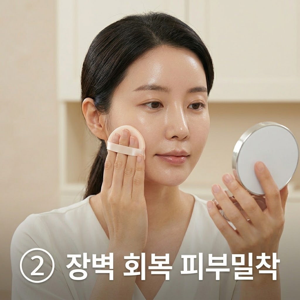 무너진 피부 장벽 회복으로 유수분 밸런스가 맞춰진 상태에서 두 손으로 메이크업 퍼프를 쥐고 얼굴에 두드리며 들뜸 없이 밀착되는 베이스를 완성하는 모습.