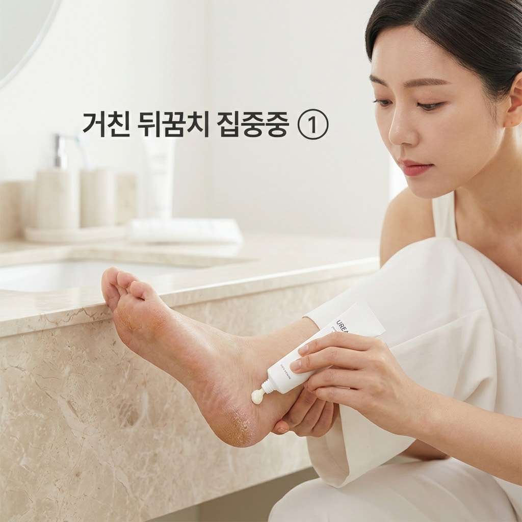 우레아 풋크림 사용을 위해 두 손으로 소량의 제품을 덜어 하얗게 일어난 거친 발뒤꿈치에 집중적으로 펴 바르는 모습.