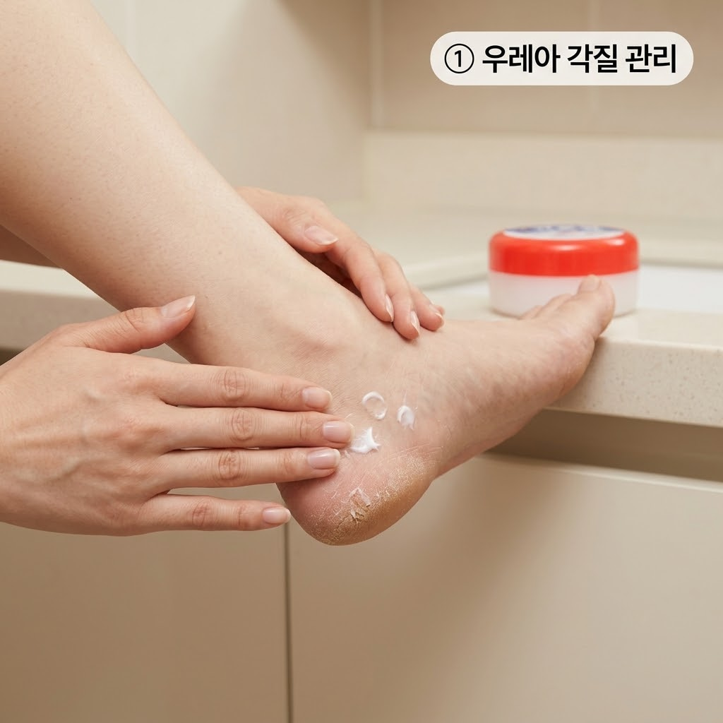 거친 발뒤꿈치 보습을 돕는 우레아 성분 풋크림을 두 손으로 덜어 건조한 뒤꿈치 표면에 부드럽게 펴 바르는 모습.