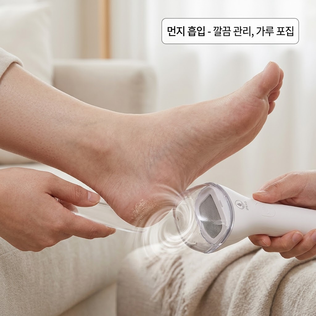 아늑하고 깨끗한 거실 카펫 위. "두 개의 사람 손"이 먼지 흡입 모터가 장착된 전동 발각질 제거기를 쥐고, 갈려 나가는 하얀 각질 가루를 공기 중으로 흩날림 없이 진공청소기처럼 기기 안으로 깔끔하게 빨아들이는 액션을 취하고 있습니다. 소파 테이블 위에는 사용 후 기기 내부 통과 필터를 세척할 때 쓸 깨끗한 물이 맑은 투명 유리 소재의 "계량컵 없는 믹싱 볼"에 정갈하게 담겨 있어, 호흡기가 예민한 분들도 안심할 수 있는 쾌적한 공간을 묘사합니다.